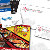 pocket folders, postcards, posters, rack cards, sales data sheets, stickers, vinyl banners